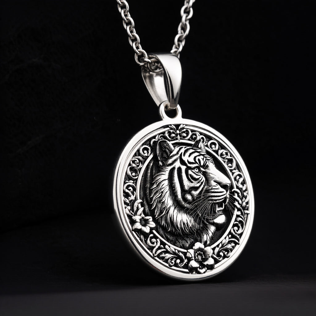 Sterling Silver Tiger Necklace showcasing a detailed medallion pendant. A timeless gift for women or animal lovers, this elegant piece symbolizes strength and luck. Perfect for daily wear. - View 9