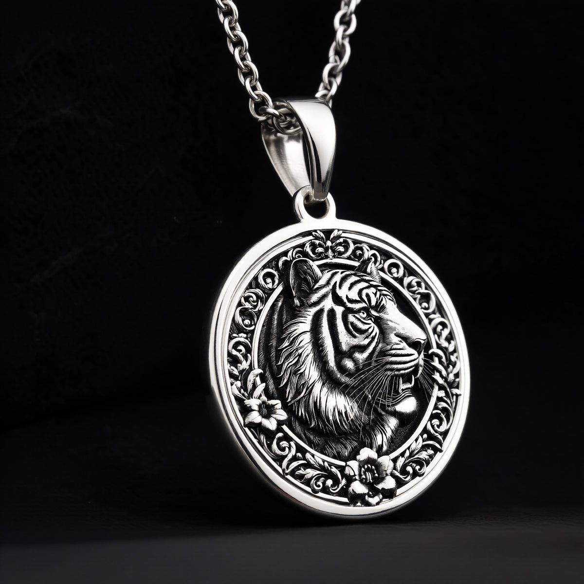Sterling Silver Tiger Necklace showcasing a detailed medallion pendant. A timeless gift for women or animal lovers, this elegant piece symbolizes strength and luck. Perfect for daily wear. - View 9