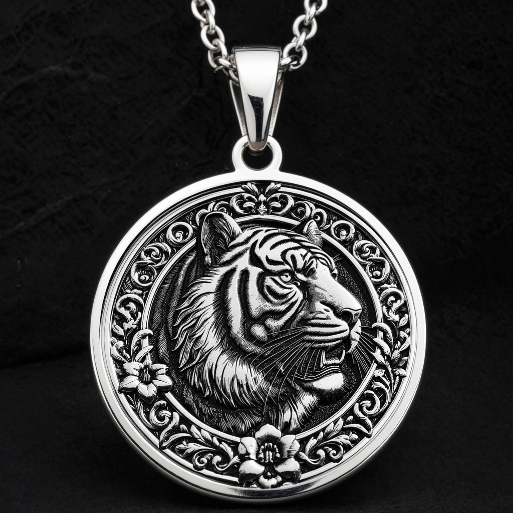 Sterling Silver Tiger Necklace showcasing a detailed medallion pendant. A timeless gift for women or animal lovers, this elegant piece symbolizes strength and luck. Perfect for daily wear.