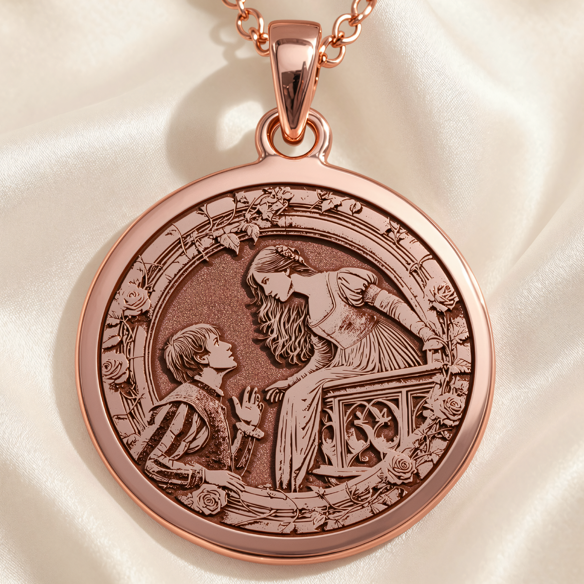 Romeo & Juliet Star Crossed Lovers Charm in a polished rose gold finish.