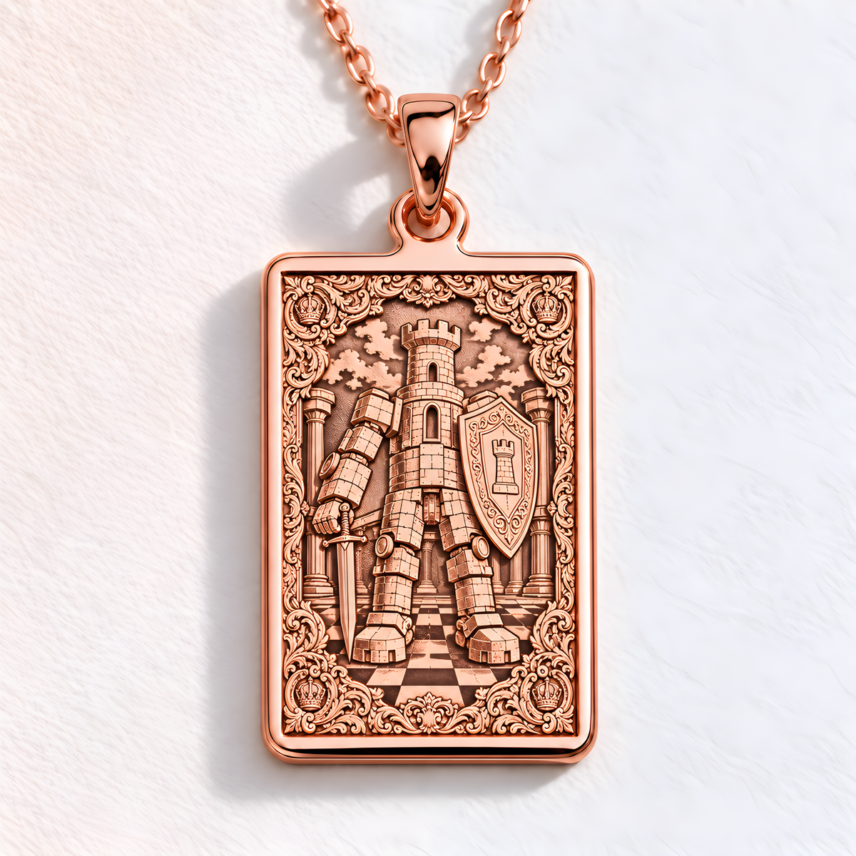 Rook Chess Castle Tower Pendant - 14K Rose Gold Plated
