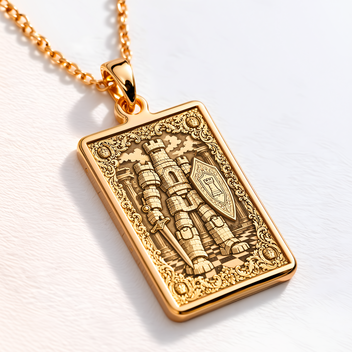 Rook Chess Castle Tower Pendant - 14K Solid Gold, Left Angle View