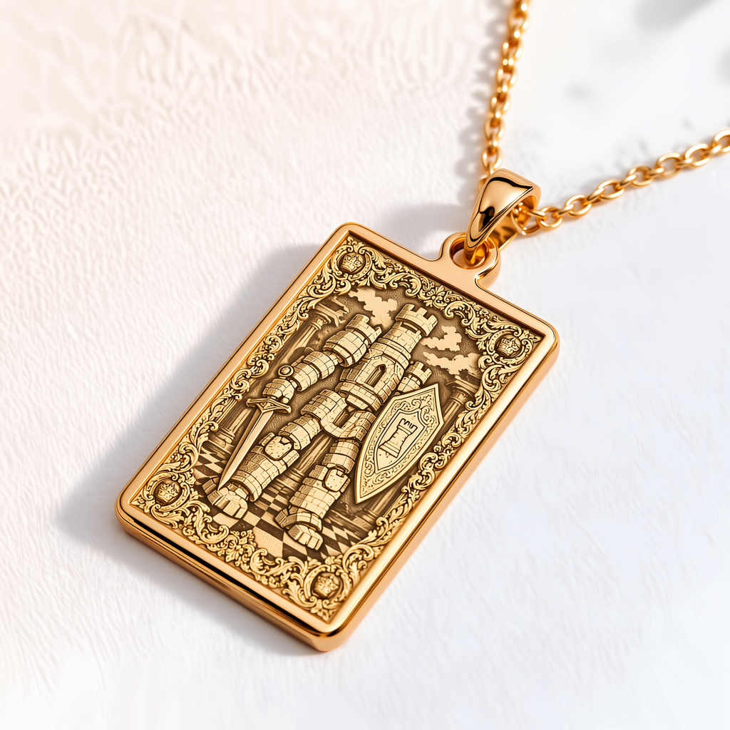 Rook Chess Castle Tower Pendant - 14K Solid Gold, Right Angle View