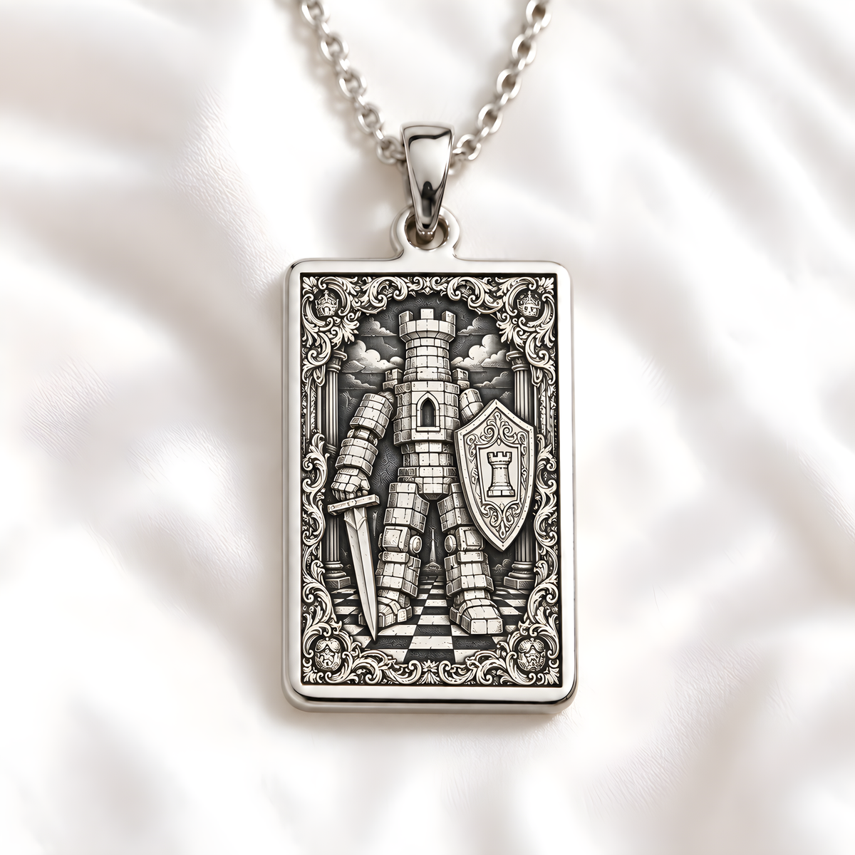 Rook Chess Castle Tower Pendant - 925 Sterling Silver