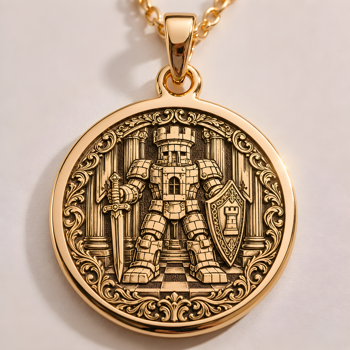 Rook Chess Coin Necklace - 14K Gold Plated