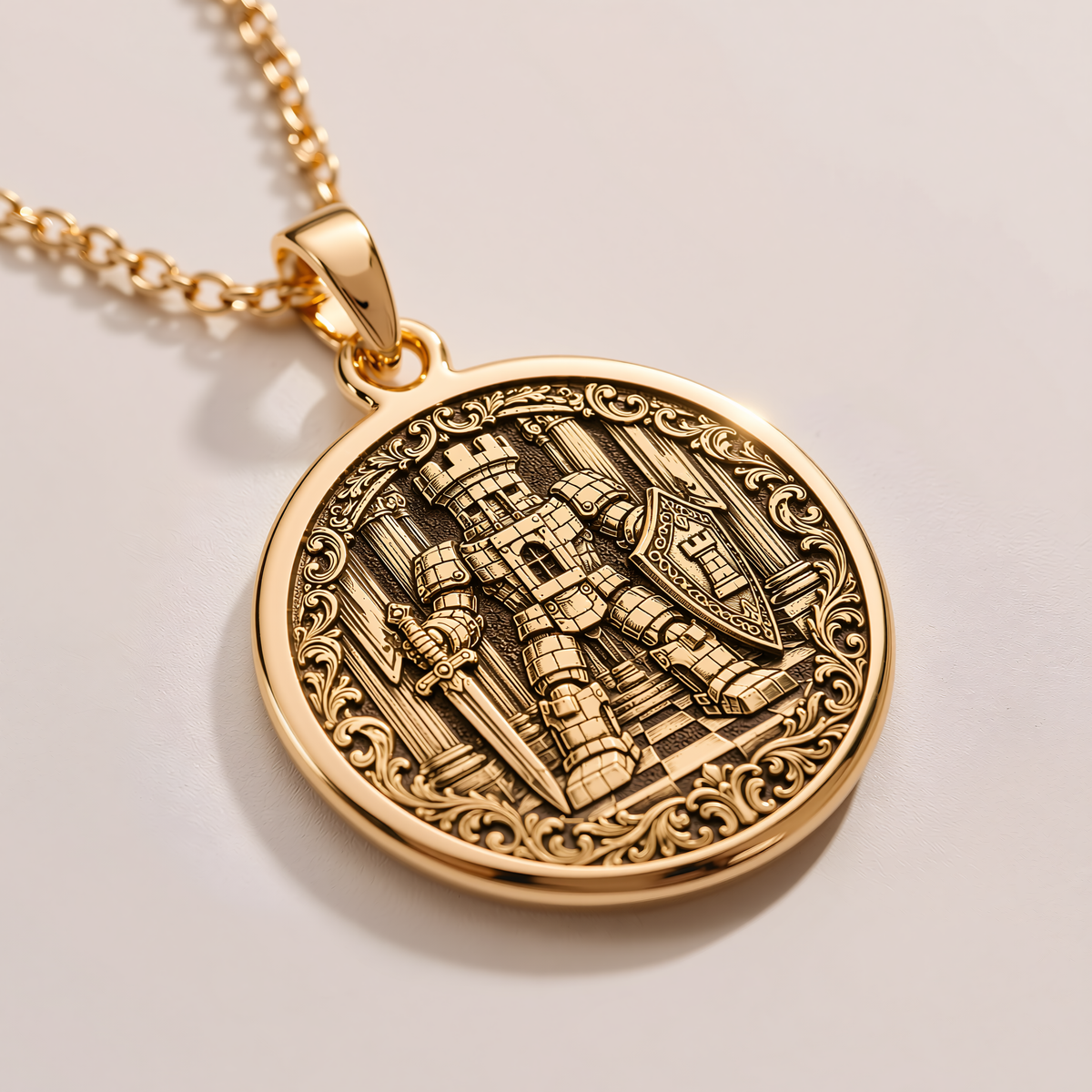 Rook Chess Coin Necklace - 14K Solid Gold, Left Angle View