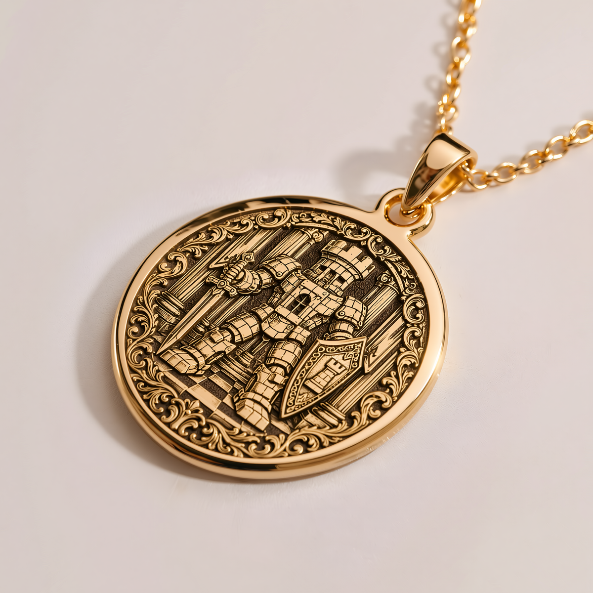 Rook Chess Coin Necklace - 14K Solid Gold, Right Angle View