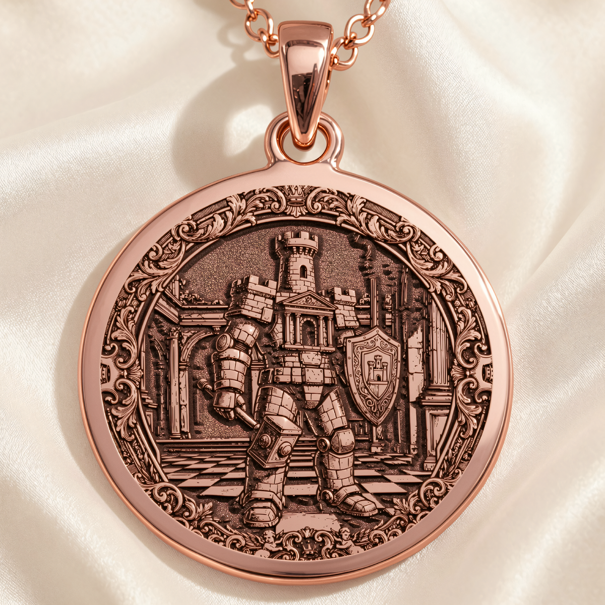 Rook Chess Coin Necklace in a polished rose gold finish.