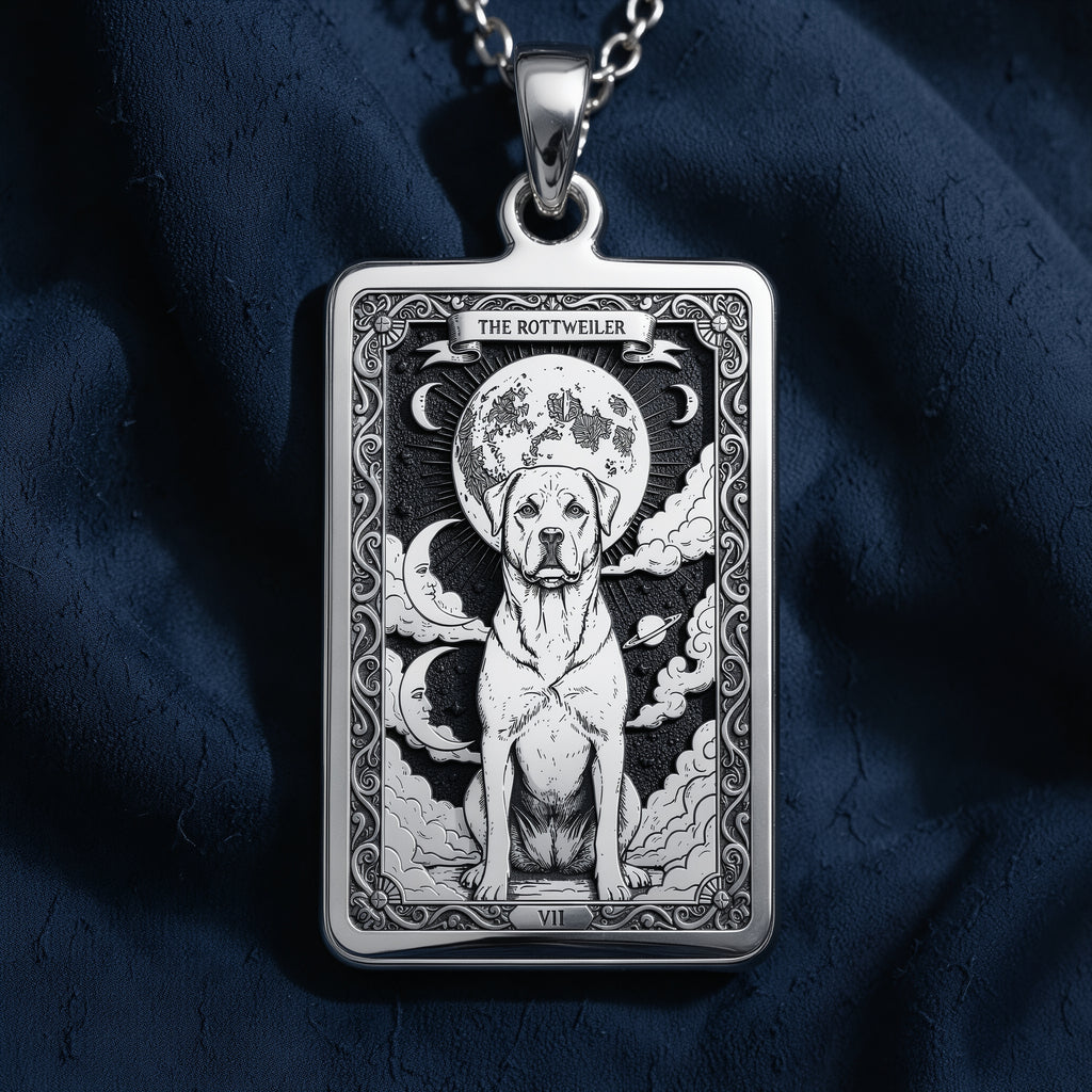 A personalized 925 sterling silver Rottweiler necklace. This gift celebrates the protective heart of the Rottweiler, a cherished pet memorial keepsake.