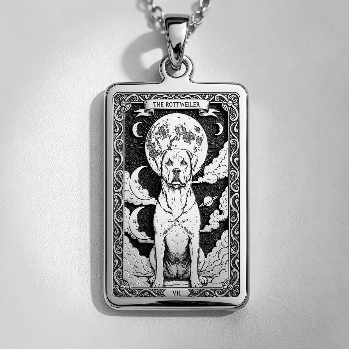 A striking 925 sterling silver Rottweiler charm. The art shows the celestial "Rottie," a meaningful piece of jewelry for a pet owner.