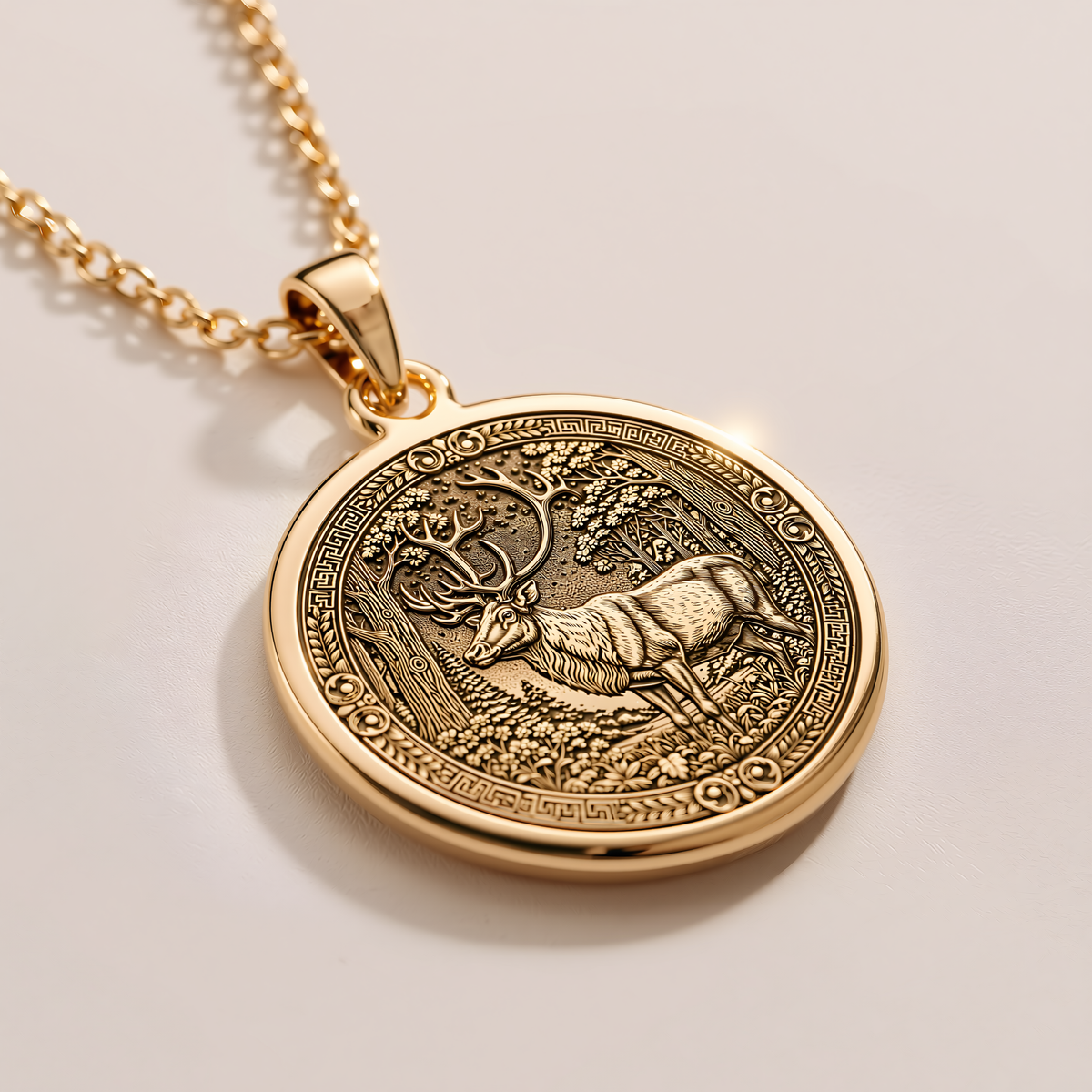 Sacred Celtic Stag Medallion Necklace - 14K Solid Gold, Left Angle View