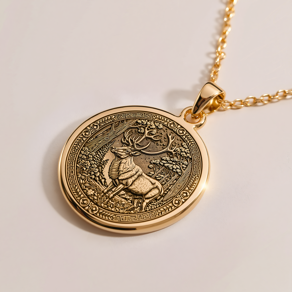 Sacred Celtic Stag Medallion Necklace - 14K Solid Gold, Right Angle View