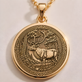 14K Solid Gold Sacred Stag Pendant showcasing powerful woodland deer with ornate antlers and Celtic forest design. Premium nature medallion with detailed stag features. Luxury forest jewelry symbolizing spiritual connection and woodland protection.