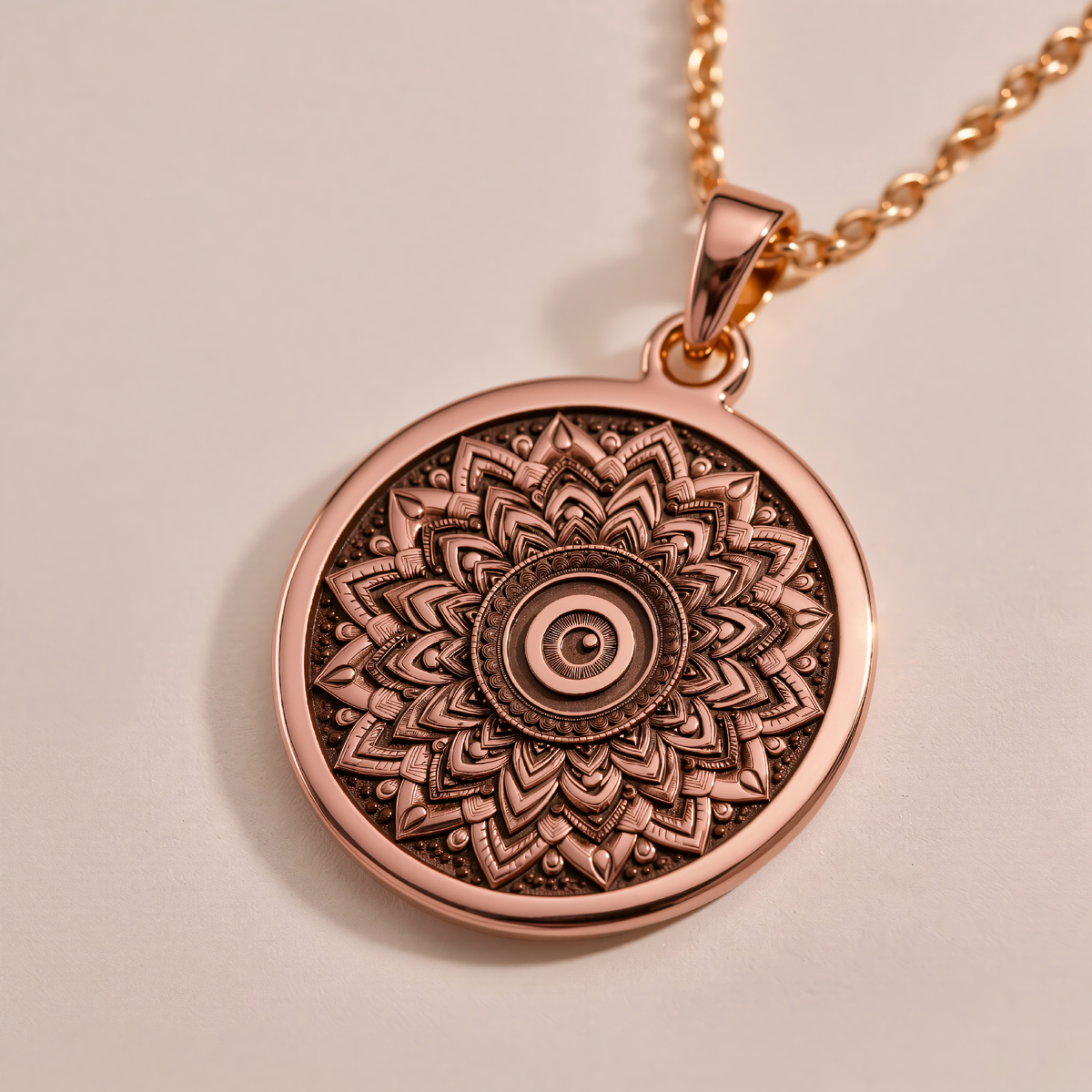 Sacred Mandala Evil Eye Necklace in a polished rose gold finish.