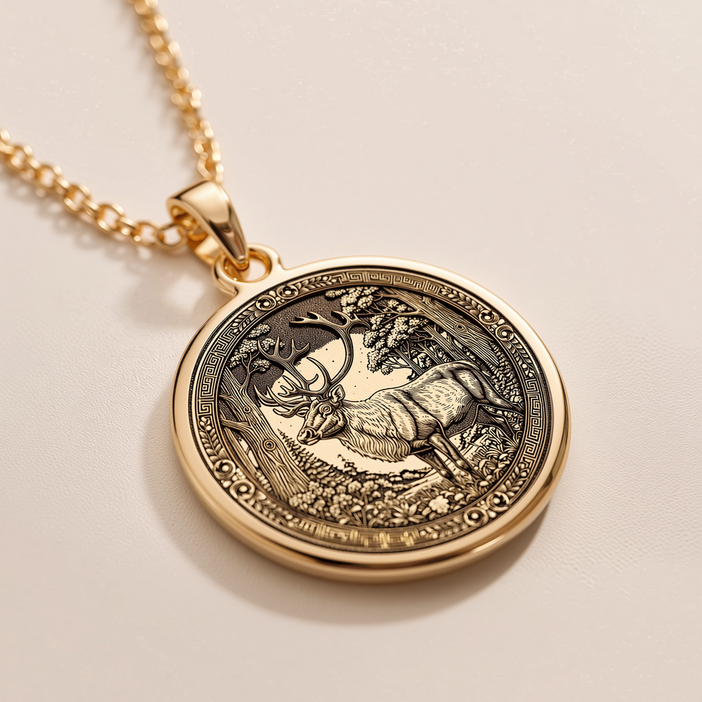 Sacred Stag Celtic Deer Medallion - 14K Solid Gold, Left Angle View