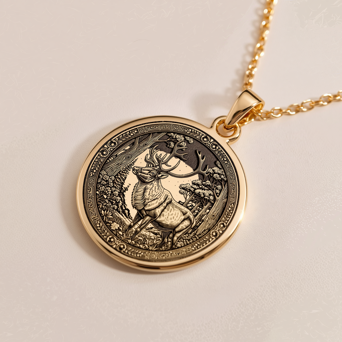 Sacred Stag Celtic Deer Medallion - 14K Solid Gold, Right Angle View