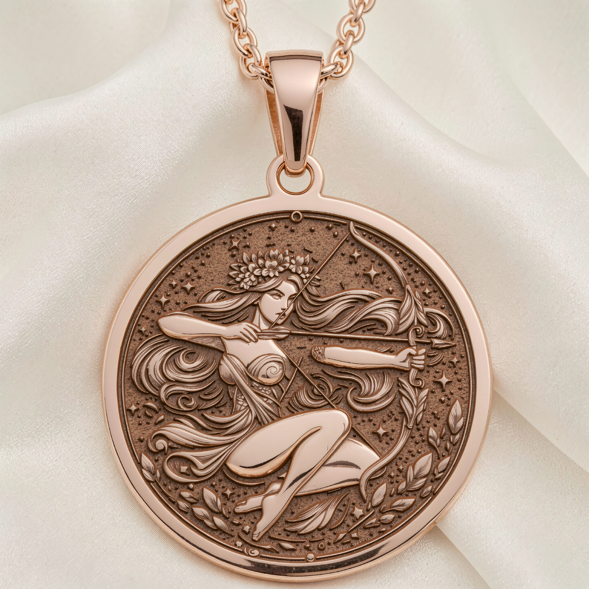 Front view of the Sagittarius Archer Centaur pendant in rose gold plated, engraved with stars and leaf motifs.