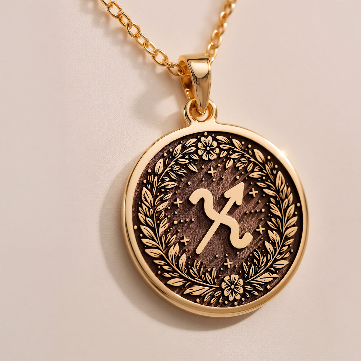 Three-quarter angled macro shot of 14K solid gold Sagittarius glyph coin pendant showing deep laser relief and polished bail.
