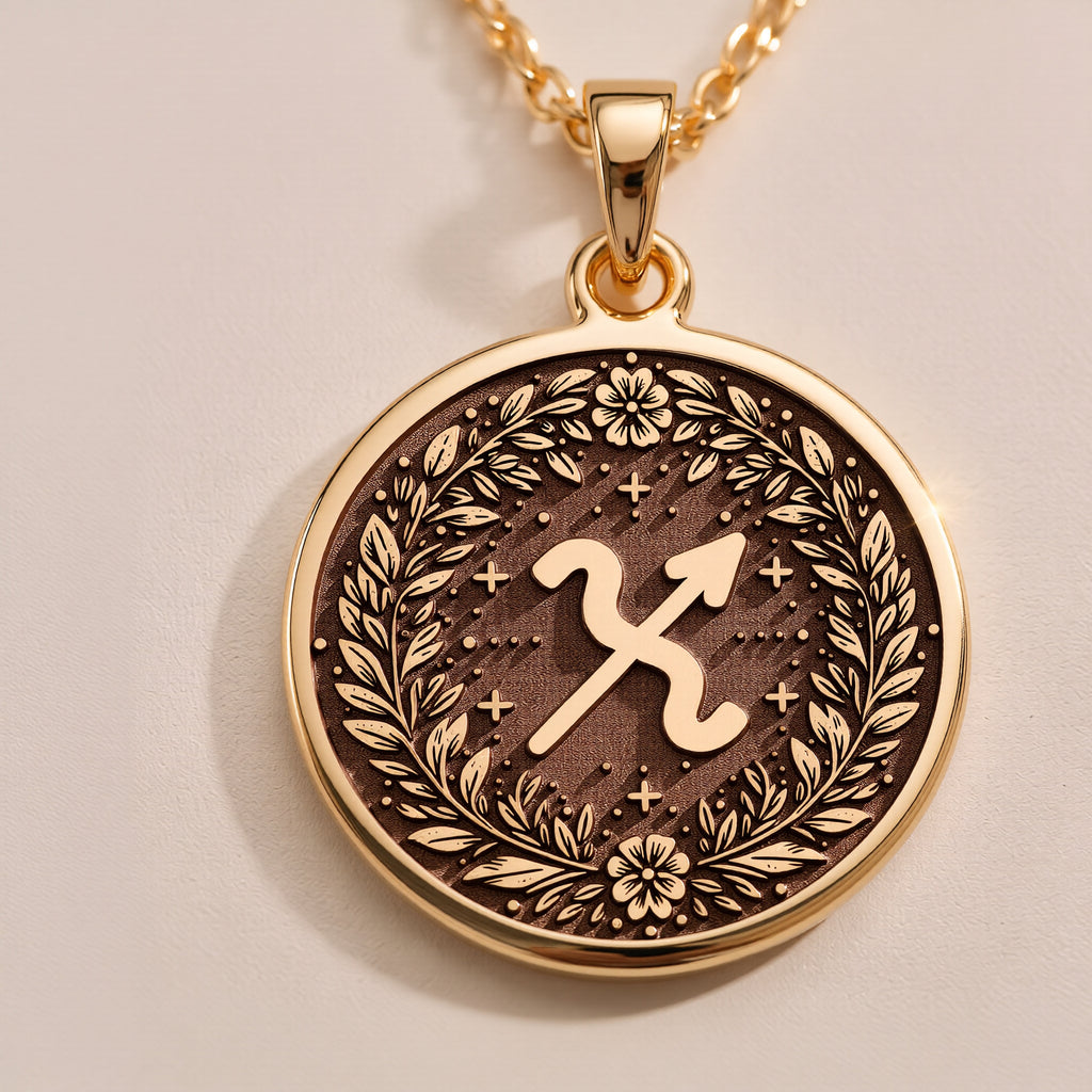 Close-up studio view of the 14K solid gold Sagittarius zodiac symbol medallion suspended from a delicate gold chain.