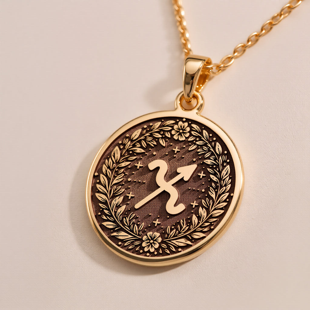 Macro craftsmanship detail of the engraved Sagittarius arrow glyph and laurel leaves on pure 14K yellow gold.