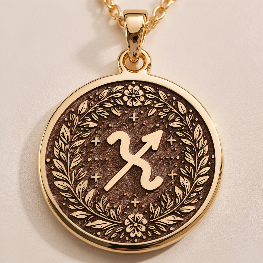 Front studio view of 14K solid yellow gold Sagittarius zodiac glyph (♐) medallion pendant framed by a botanical laurel wreath border.