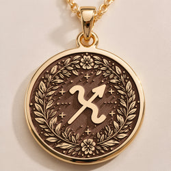 Front studio view of 14K solid yellow gold Sagittarius zodiac glyph (♐) medallion pendant framed by a botanical laurel wreath border.