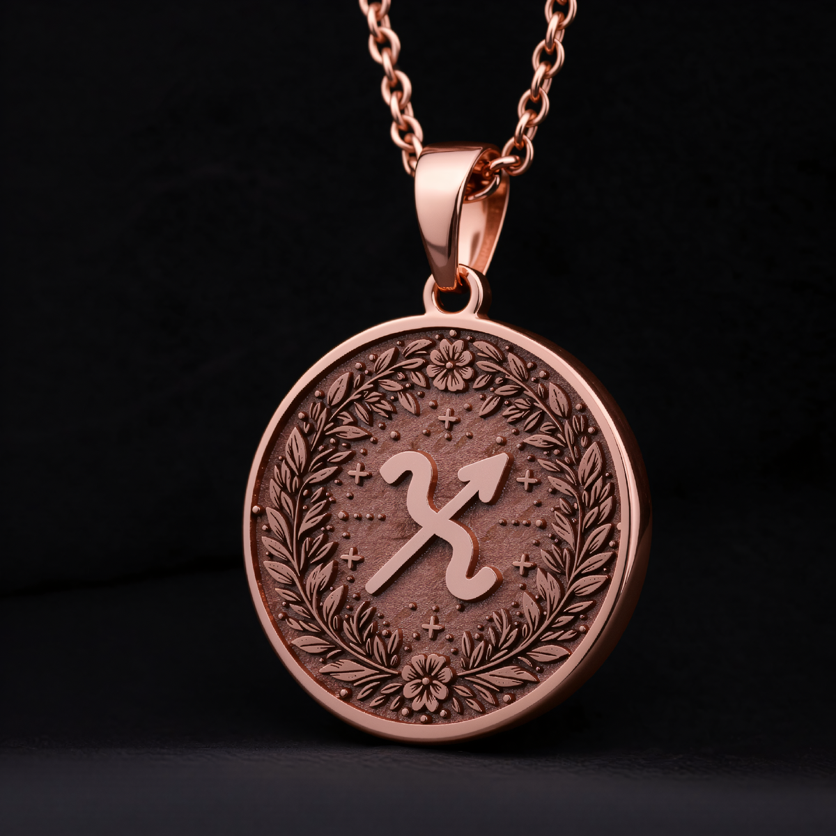 Sagittarius Constellation Medallion Necklace in a polished rose gold finish.