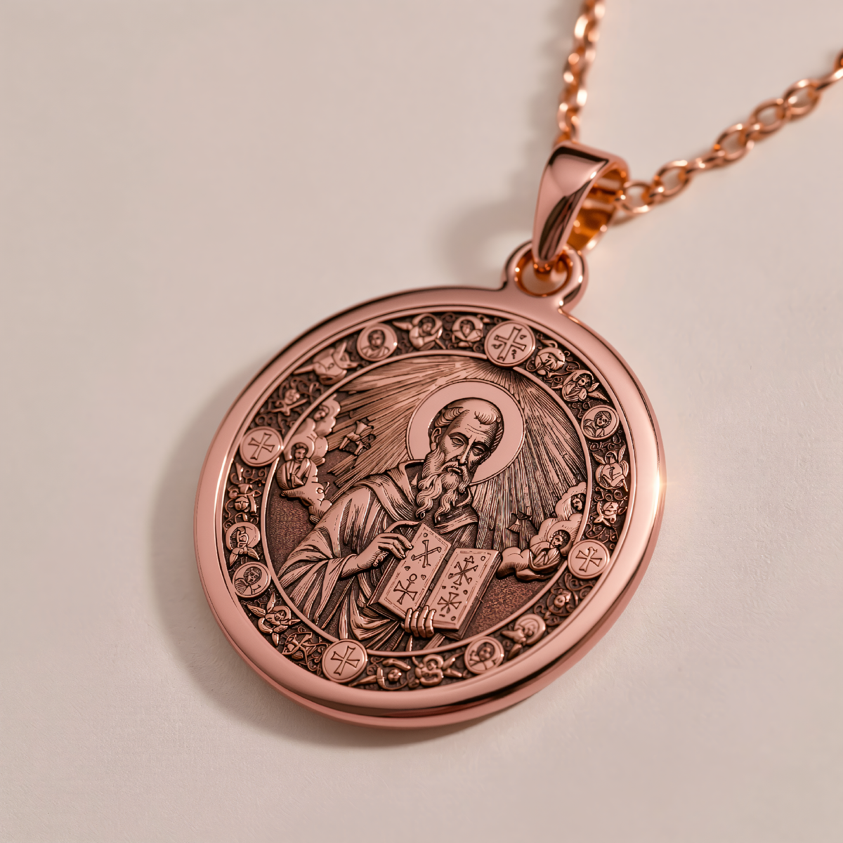 Saint Dionysius Medallion Necklace in a polished rose gold finish.