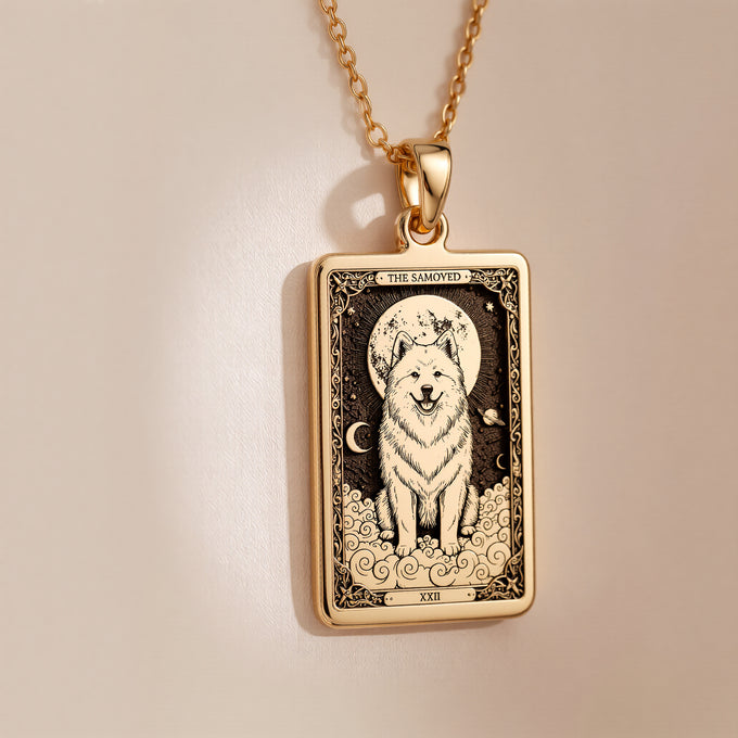A polished 14K solid gold Samoyed medallion. This fine pet jewelry represents the breed's "smiling" nature, making it a perfect Sammy lover gift.