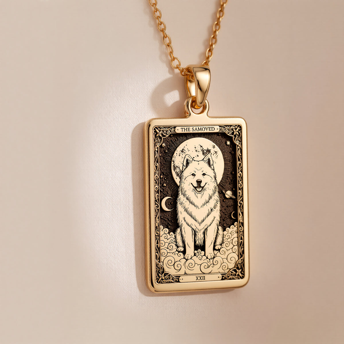 A polished 14K solid gold Samoyed medallion. This fine pet jewelry represents the breed's "smiling" nature, making it a perfect Sammy lover gift.