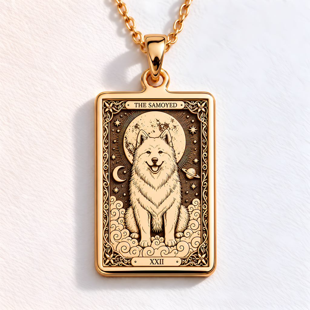 A polished 14K solid gold Samoyed medallion. This fine pet jewelry represents the breed's "smiling" nature, making it a perfect Sammy lover gift.