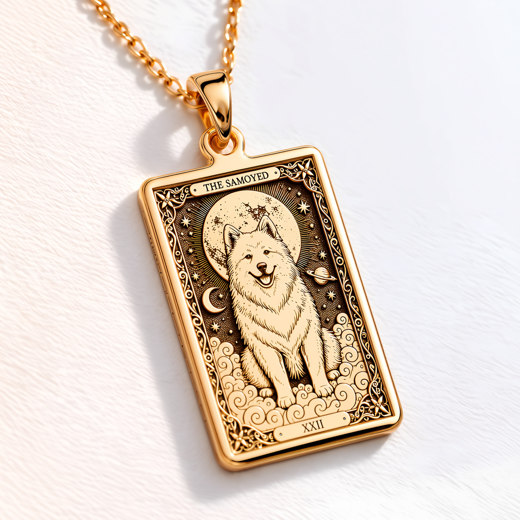 Samoyed Tarot Pet Portrait Medallion - 14K Solid Gold, Left Angle View
