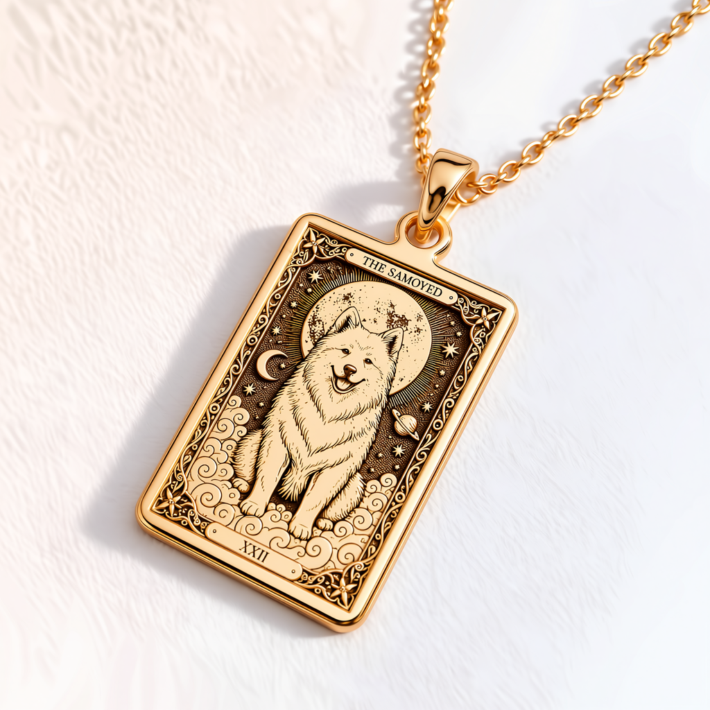 Samoyed Tarot Pet Portrait Medallion - 14K Solid Gold, Right Angle View