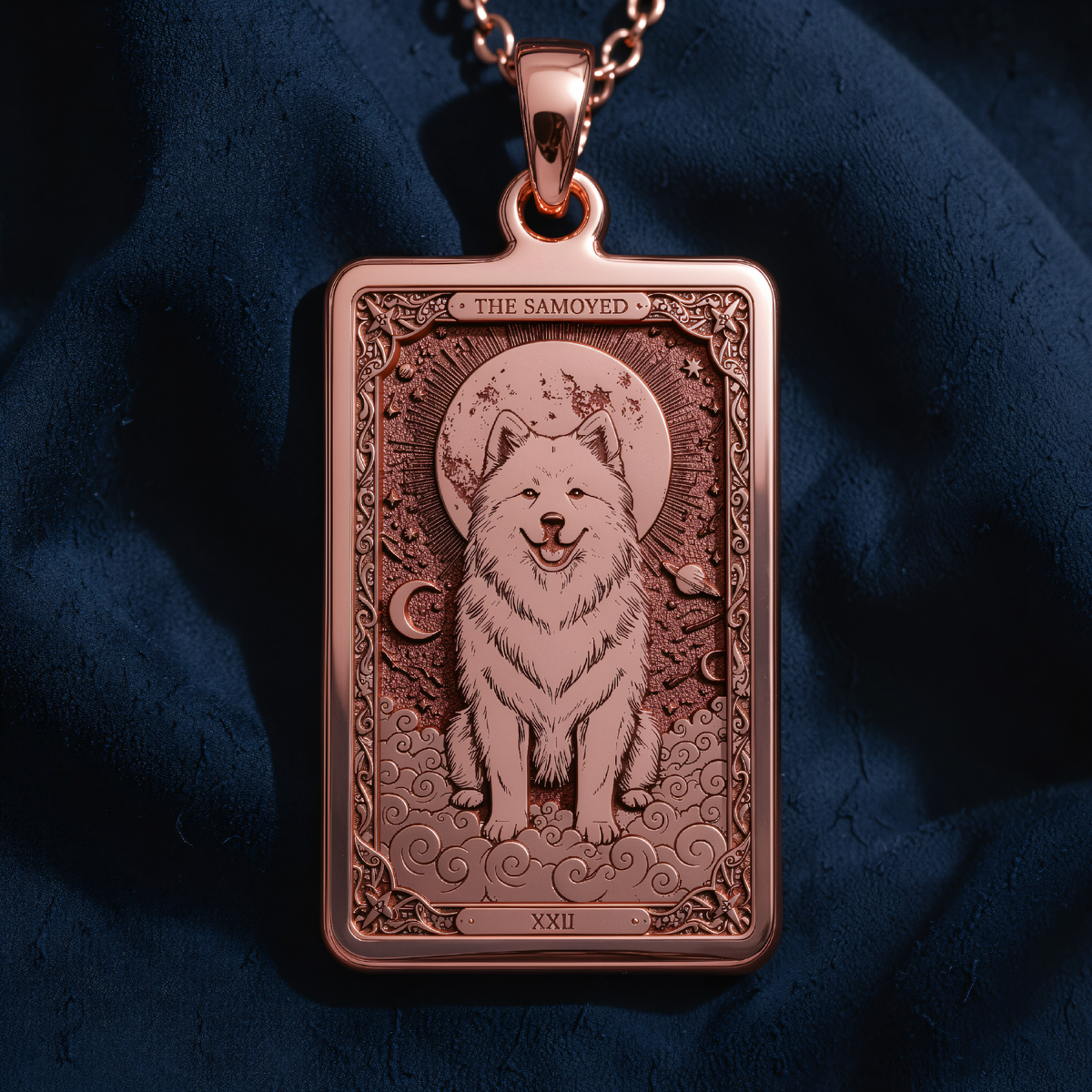 Samoyed Tarot Pet Portrait Medallion in a polished rose gold finish.