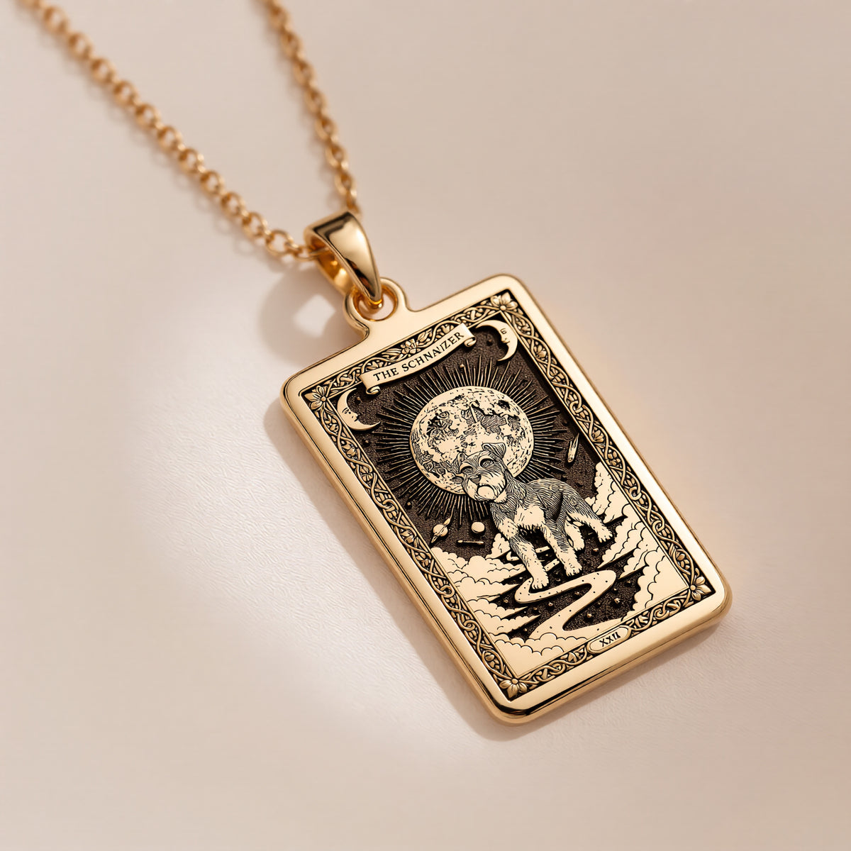 A polished 14K solid gold Schnauzer medallion. This fine pet jewelry represents the breed's intelligent spirit, making it a perfect Schnauzer lover gift.