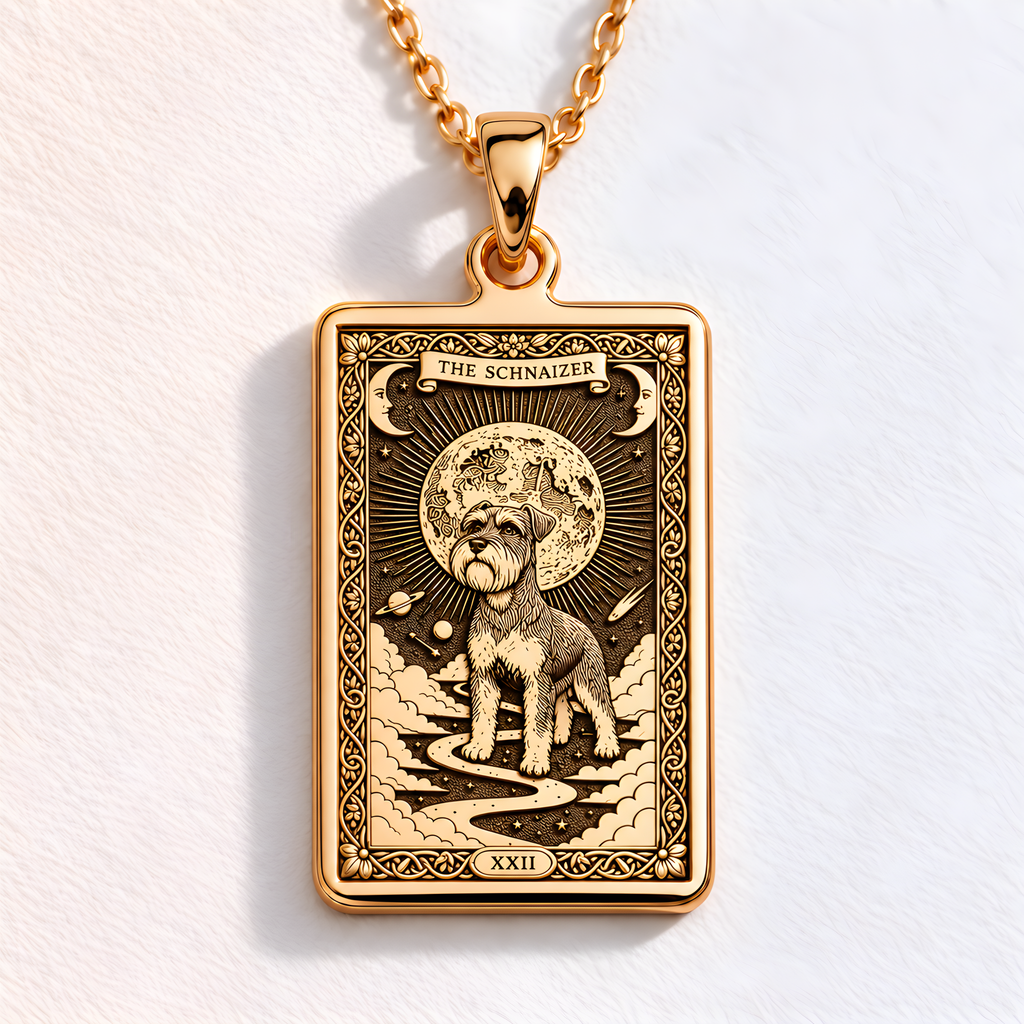A polished 14K solid gold Schnauzer medallion. This fine pet jewelry represents the breed's intelligent spirit, making it a perfect Schnauzer lover gift.