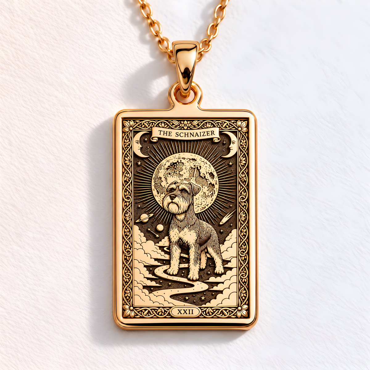 A polished 14K solid gold Schnauzer medallion. This fine pet jewelry represents the breed's intelligent spirit, making it a perfect Schnauzer lover gift.