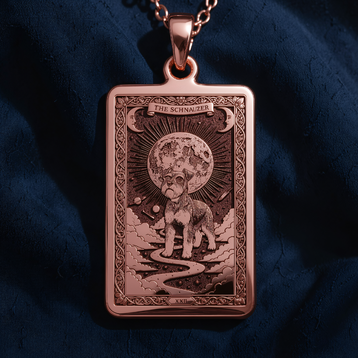 Schnauzer Tarot Dog Memorial Pendant in a polished rose gold finish.