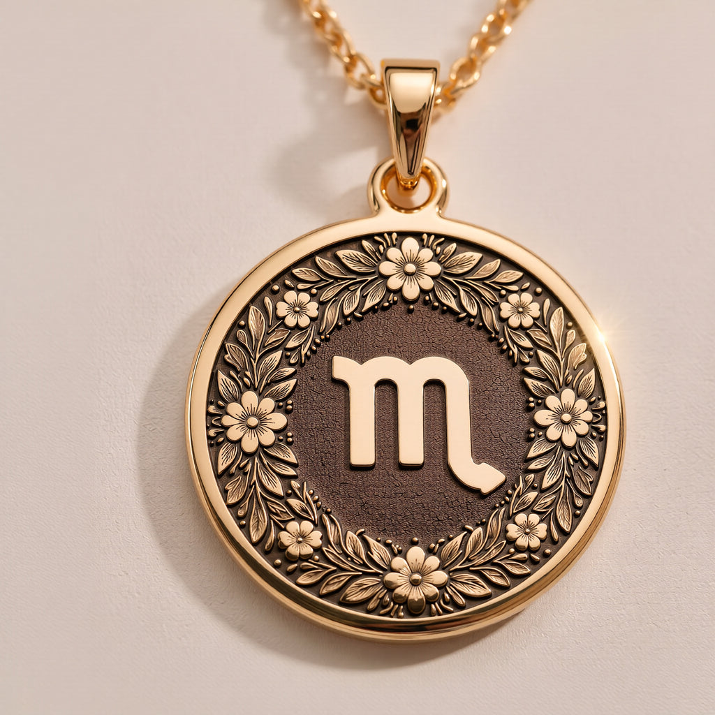 14K Solid Gold Scorpio Zodiac Medallion with Scorpio symbol (♏) and a floral wreath border. A perfect personalized gift with optional back engraving. Detailed celestial horoscope jewelry. - View 8