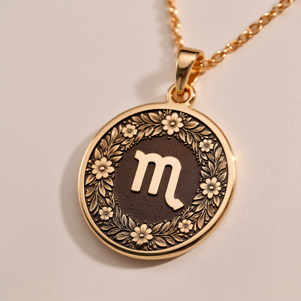 14K Solid Gold Scorpio Zodiac Medallion with Scorpio symbol (♏) and a floral wreath border. A perfect personalized gift with optional back engraving. Detailed celestial horoscope jewelry. - View 9