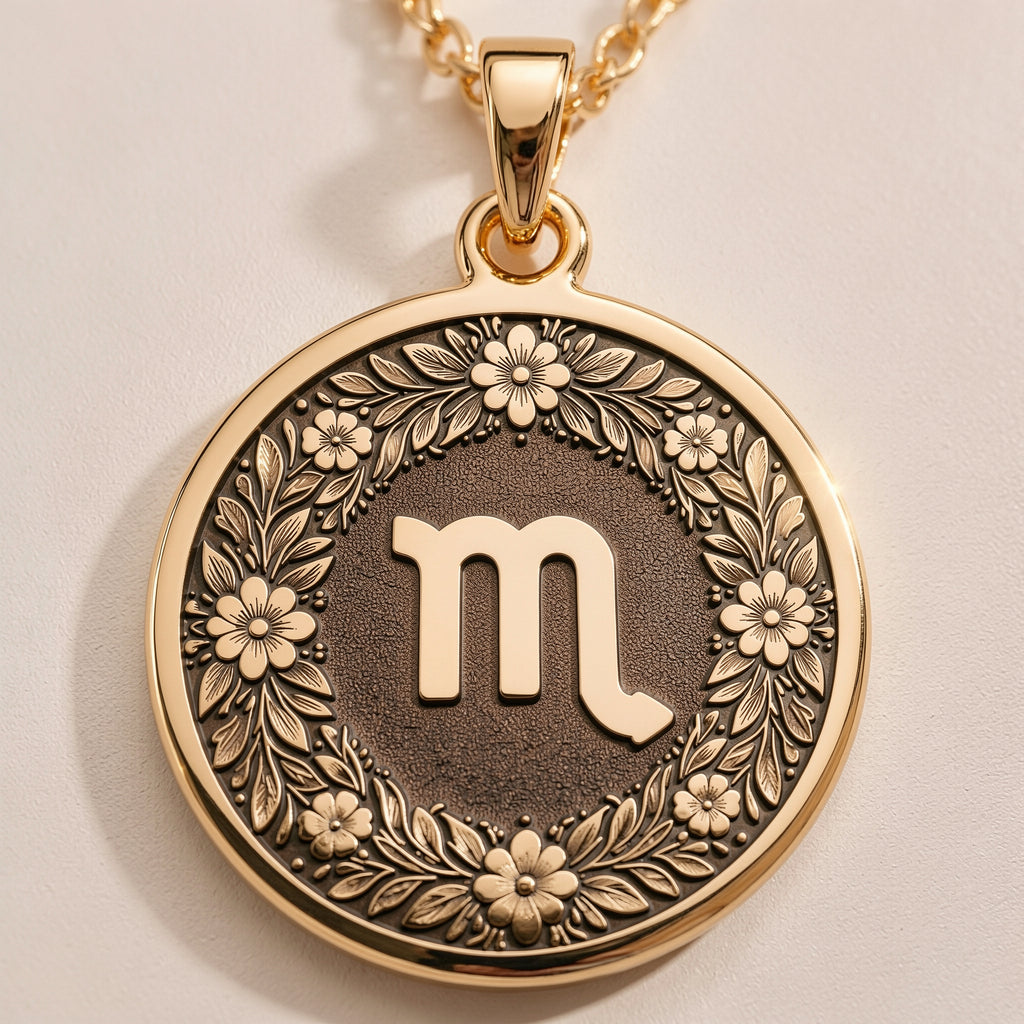 14K Solid Gold Scorpio Zodiac Medallion with Scorpio symbol (♏) and a floral wreath border. A perfect personalized gift with optional back engraving. Detailed celestial horoscope jewelry.
