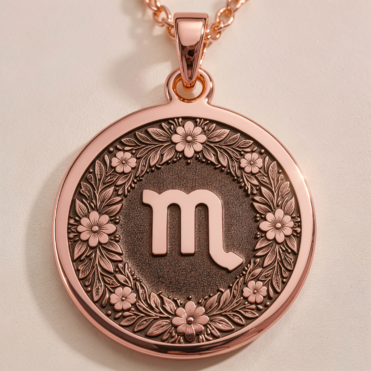 Scorpio Zodiac Astrological Sign Medallion in a polished rose gold finish.