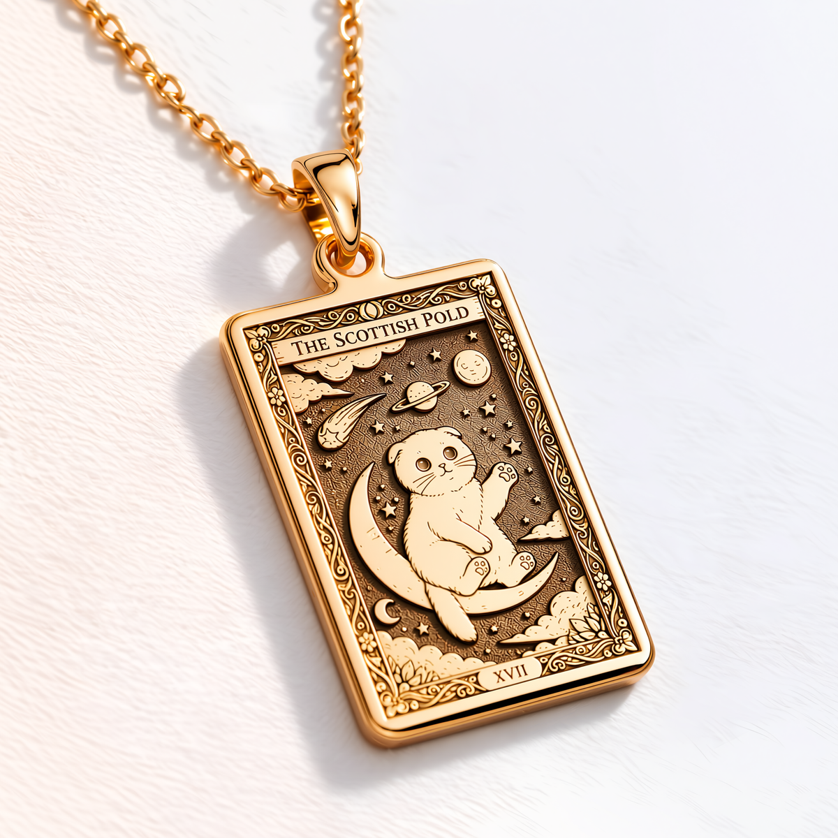 Scottish Fold Tarot Necklace - 14K Solid Gold, Left Angle View