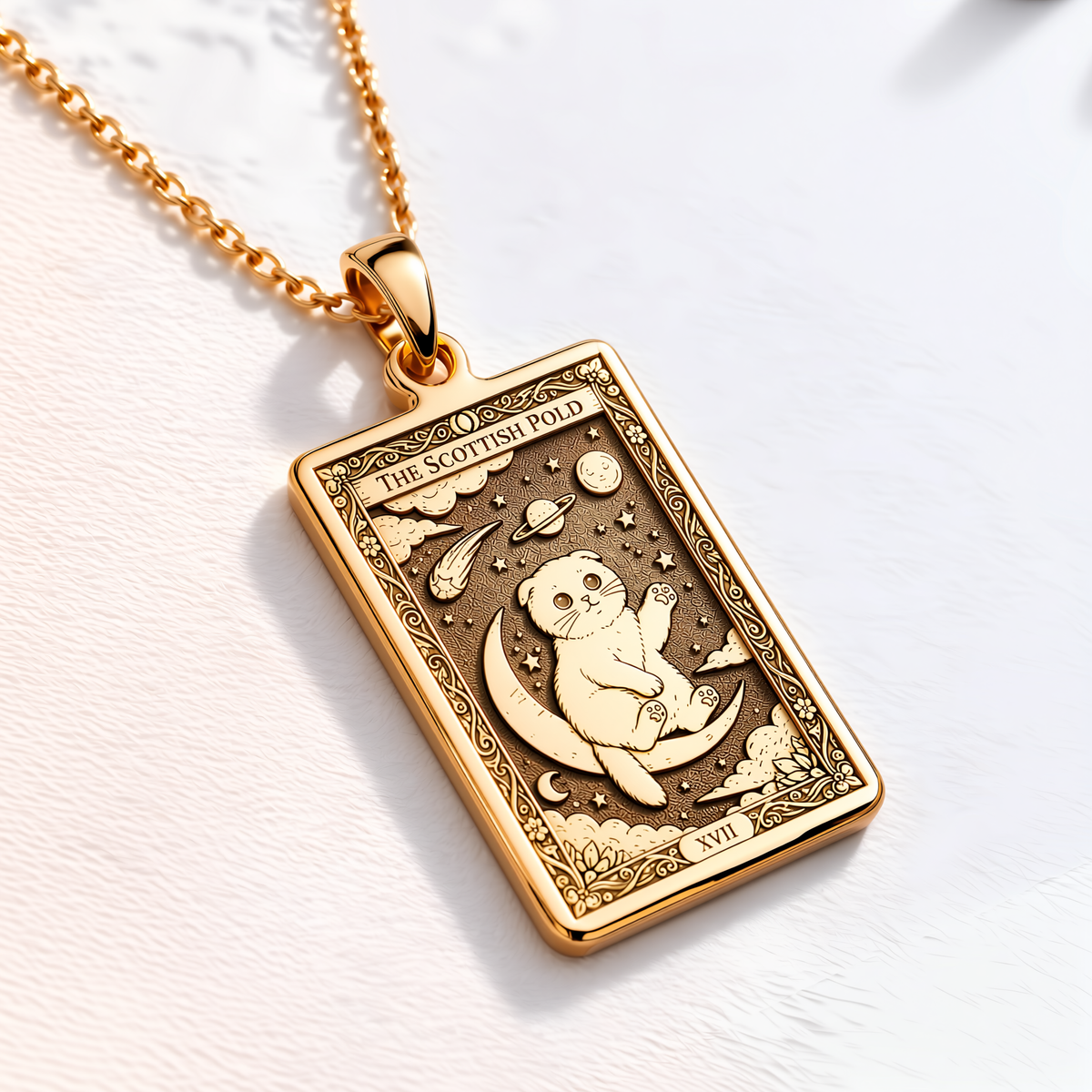 Scottish Fold Tarot Necklace - 14K Solid Gold, Right Angle View