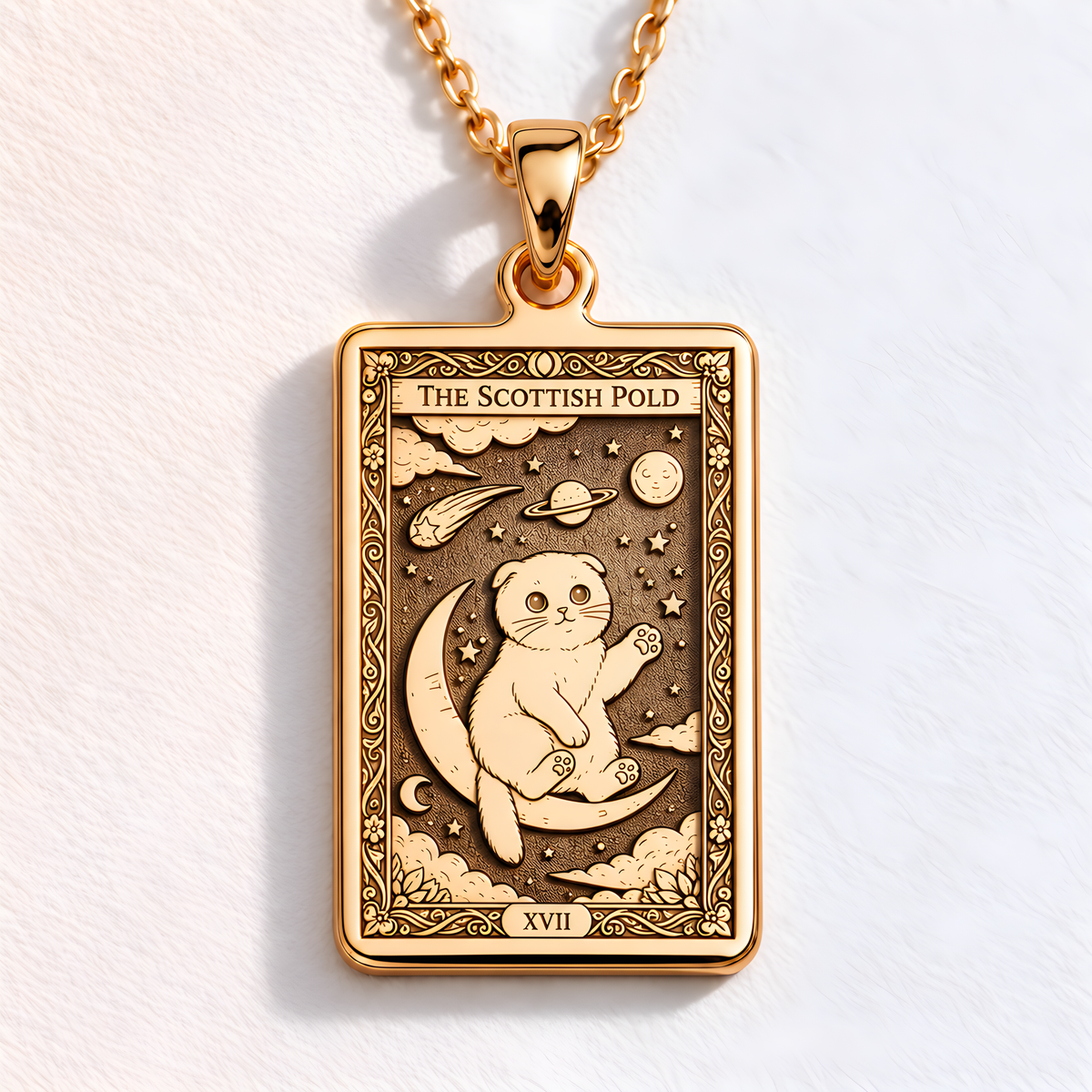 A polished 14K solid gold Scottish Fold medallion. This fine pet jewelry represents the breed's sweet spirit, making it a perfect cat lover gift.