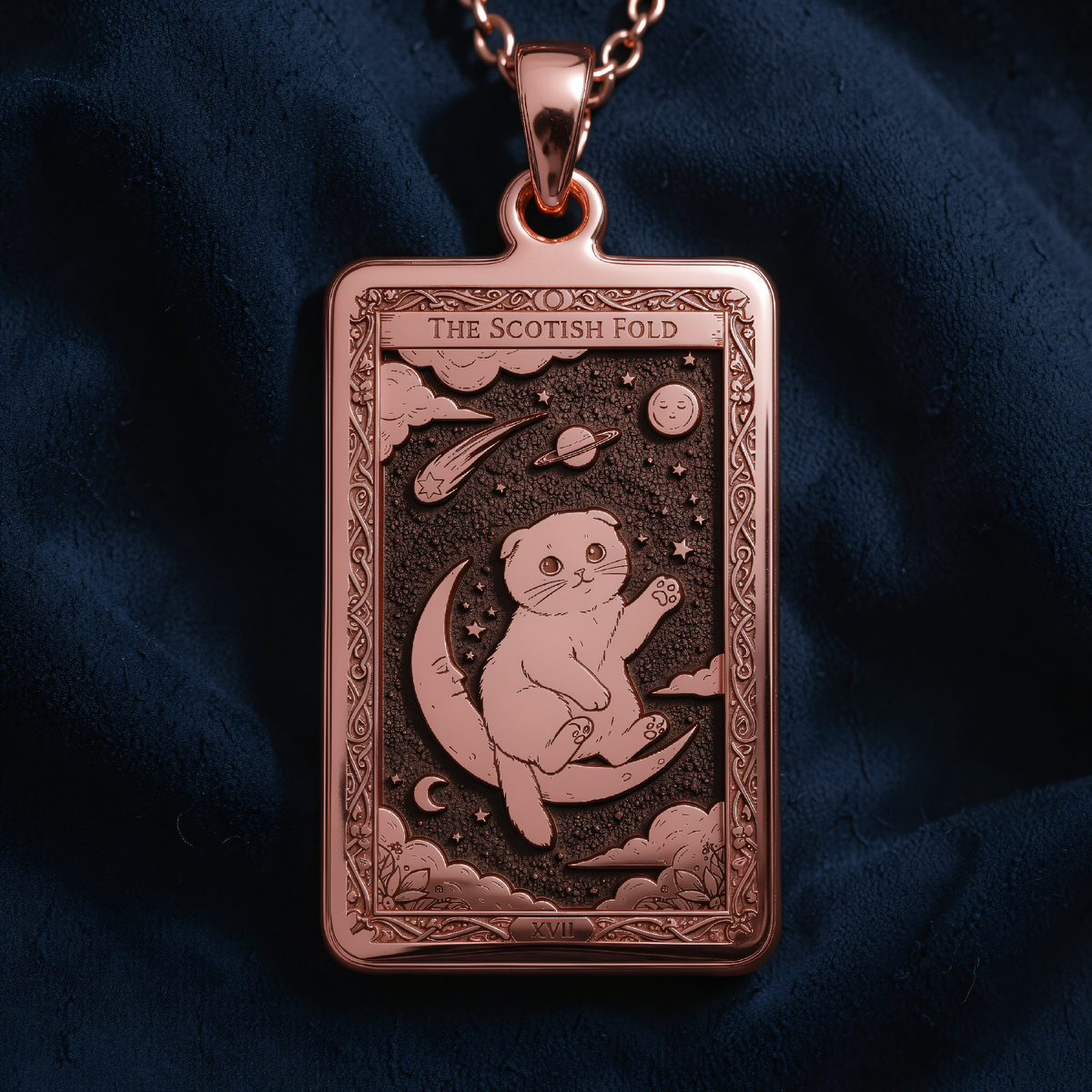 Scottish Fold Tarot Necklace in a polished rose gold finish.