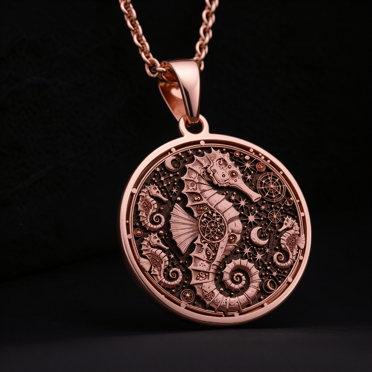 Seahorse Nautical Pendant Necklace in a polished rose gold finish.