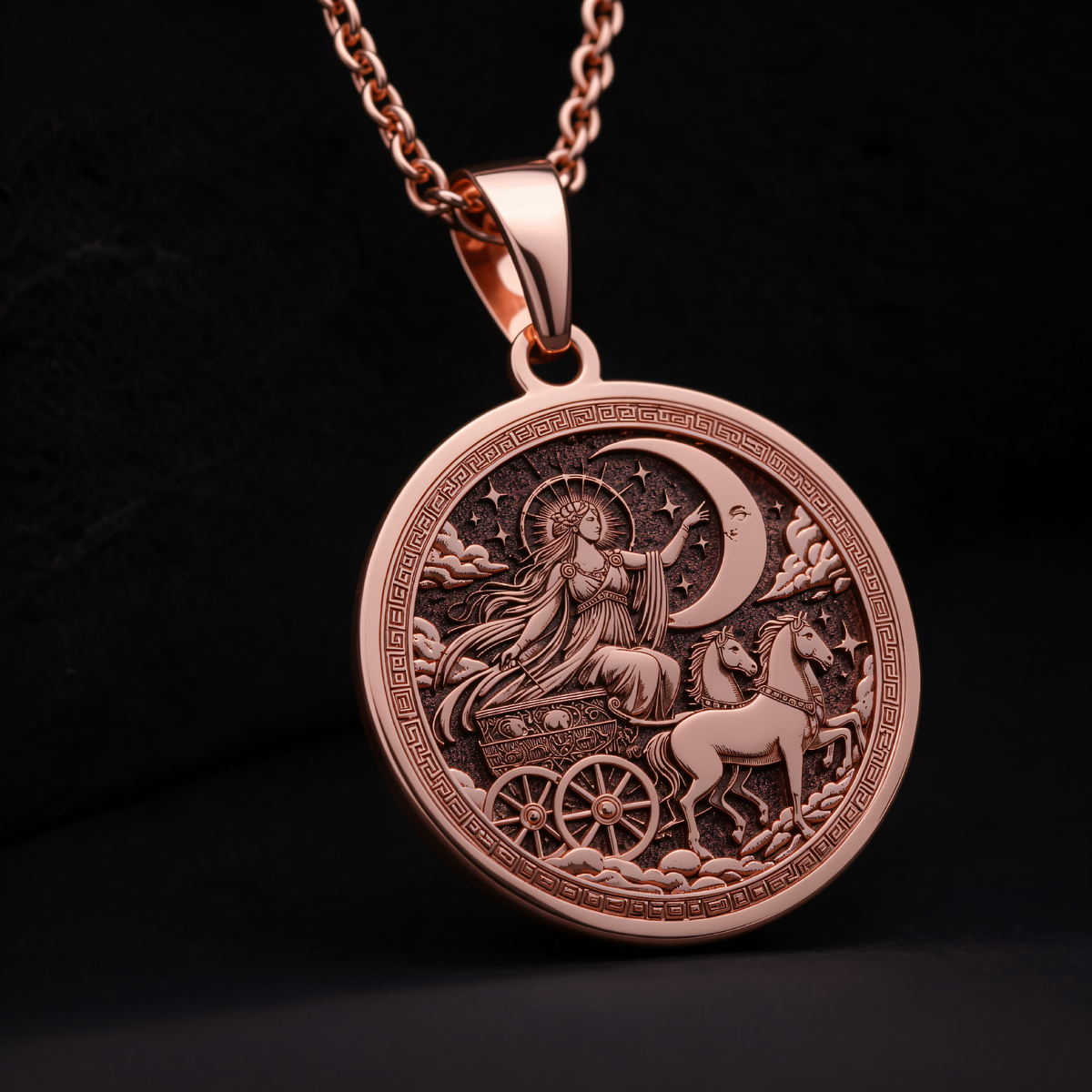 Selene Moon Goddess Necklace in a polished rose gold finish.