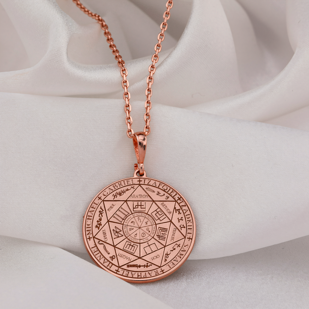 Seven Archangels Guardian Angel Wings Pendant in a polished rose gold finish.