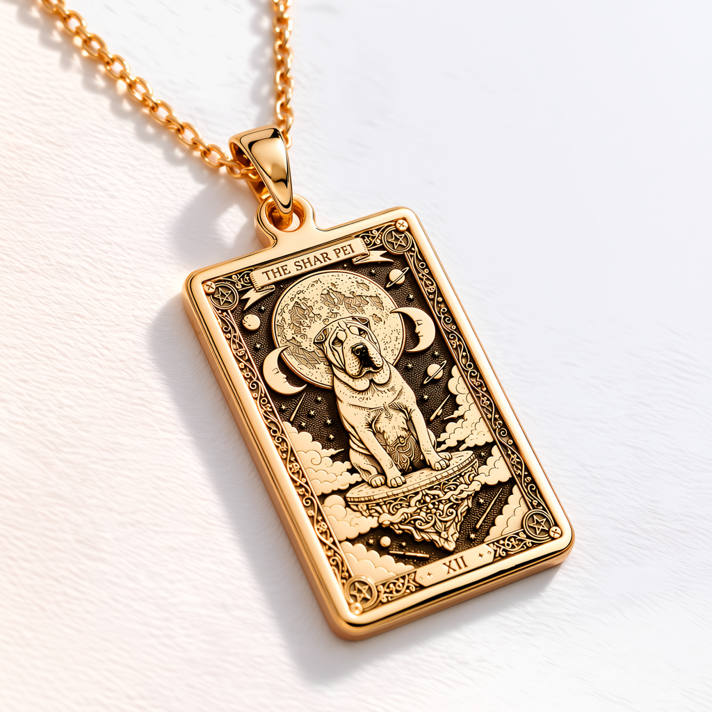 Shar Pei Guardian Dog Medallion Pendant - 14K Solid Gold, Left Angle View